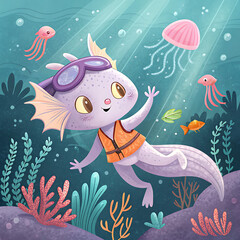 Cute fantasy sea creature swims underwater with goggles and vest.
