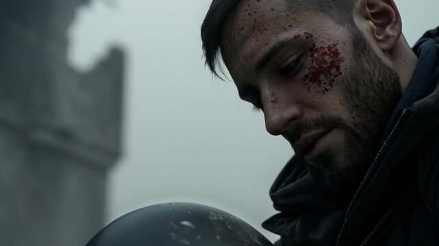 Soldado herido en zona de guerra reflexionando entre ruinas