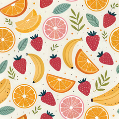 seamless pattern with fruits, Cute fruit pattern with sliced oranges, strawberries, bananas, seamless colorful kitchen background