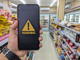 Hand holding a smartphone with an urgent warning notification on the screen against a blurred supermarket aisle background