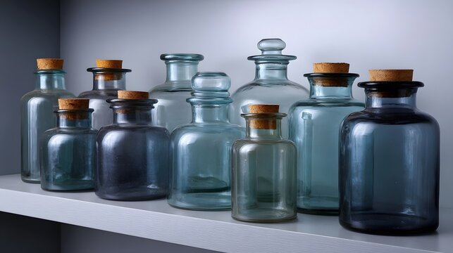 Collection of empty glass bottles with cork stoppers arranged on a shelf