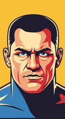 Stylized graphic portrait of a man with a serious and intense expression.