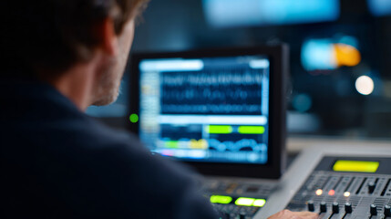 Man working at a digital audio mixing console with multiple screens displaying sound waveforms and controls in a dimly lit studio environment
