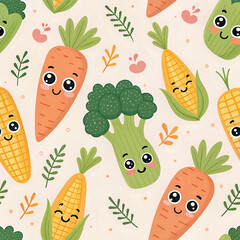 seamless pattern with vegetables, Cute Kawaii Vegetables Pattern with Smiling Carrots, Broccoli, and Corn Kernels