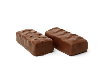 Chocolate bar with nougat, caramel and peanut isolated on white background.