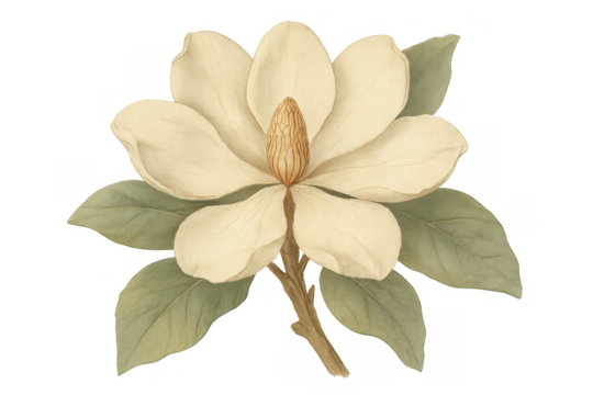 Magnolia flower drawing. Vintage style watercolor botanical illustration showcasing a white bloom with green leaves on a transparent background