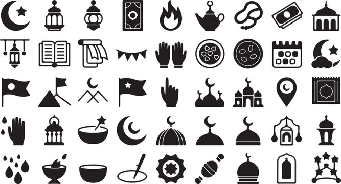 Collection of islamic and ramadan icons, including crescent moon, star, mosque, lantern, prayer, and calendar
