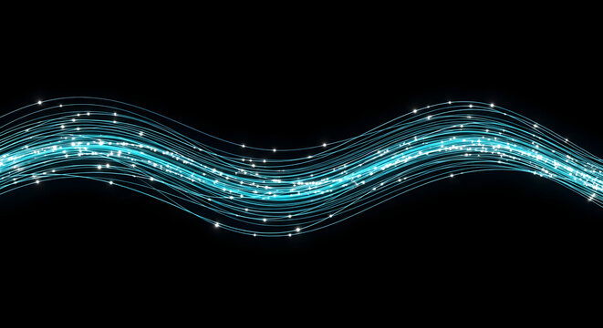 Wavy, glowing blue lines with sparkling particles flowing across a black background, creating a dynamic and abstract visual effect.