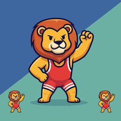 A cartoon lion character wearing a red wrestling uniform, striking a powerful pose with a raised fist, against a split blue and green background.