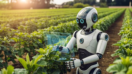 Advanced agricultural robot analyzing crops with futuristic technology in green field