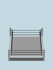 Isometric view of a wrestling ring, featuring ropes, posts, and a gray mat.