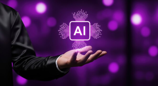Hand presents futuristic interface displaying artificial intelligence on a glowing violet circuit board with soft bokeh background