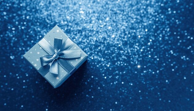 Gift unwrapping celebration festive atmosphere blue present sparkling background close-up view joyful concept for holiday events and occasions