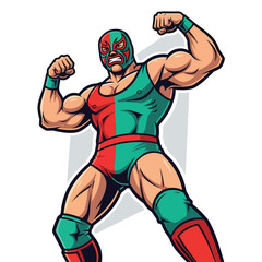 Illustration of a muscular wrestler wearing a mask and posing.