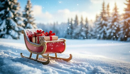 Festive christmas event with sleigh and gifts in winter wonderland snowy landscape serene environment captivating viewpoint joyful celebration concept