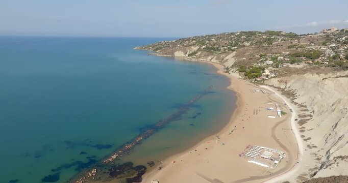 Aerial view of Marianello Beach, a sandy beach overlooking the Mediterranean Sea. It is located near Licata, in the province of Agrigento, Sicily, Italy.