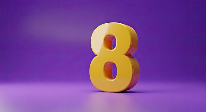 Shiny golden number eight on a vibrant purple background studio