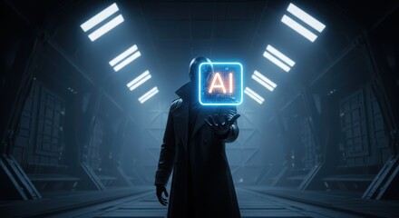 Figure in trench coat presents a glowing square interface with stylized typography in a futuristic corridor setting