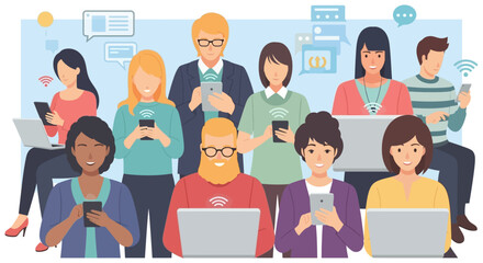 diverse individuals using devices for digital communication illustrating social networking online community and remote collaboration.
