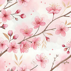 Elegant Japanese Sakura Pattern with Subtle Watercolor Brush Strokes