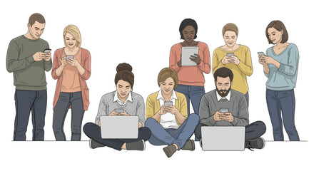 diverse people focused on smartphones laptops and tablets showcasing modern digital communication screen time and social media engagement.