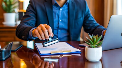 Businessman stamping document for approval at office desk
