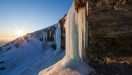 Icicles hanging from rock cliff