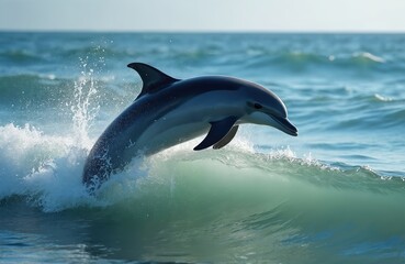 Fototapeta premium Dolphin leaps from blue sea. Marine animal jumps over wave in ocean. Dolphin swims in nature. Mammal plays in clear water on sunny day. Wild animal shows performance.