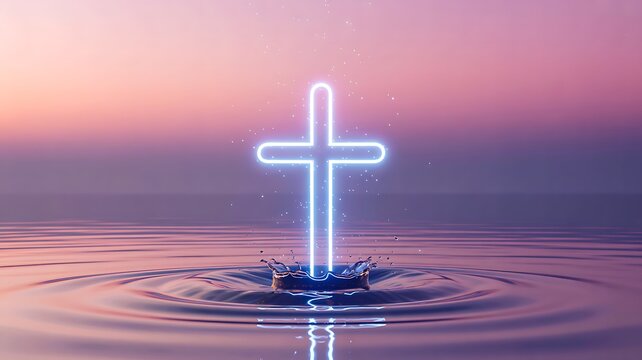 Neon cross over water at sunset
