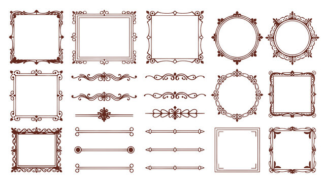 Elegant decorative frames and dividers are displayed against a black background. - Powered by Adobe