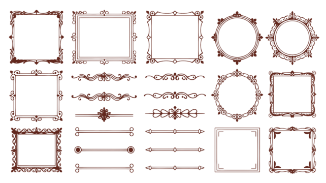 Elegant decorative frames and dividers are displayed against a black background.