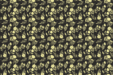 Dark seamless floral pattern with yellow botanical elements featuring elegant leaf and flower ideal for luxury packaging, textiles, wallpaper, fabric design and modern decorative projects.