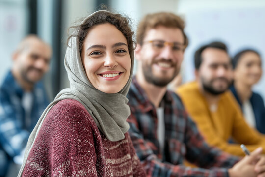 Group of immigrants attending a language class, teacher smiling, whiteboard in background.