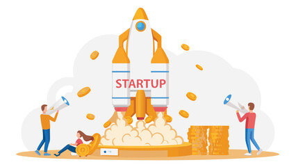 Dynamic illustration of a rocket launching fueled by a crowd of diverse people symbolizing collective effort and startup growth towards innovation and success