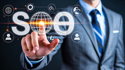 Seo business concept with businessman touching digital marketing icons

