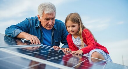 Grandfather and granddaughter explore renewable solar energy panel, sharing environmental education and a sustainable future under bright blue sky
