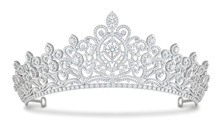 Tiara luxury bridal tiara with diamond detailing and silver filigree, isolated on pure white background, fine jewelry lighting.