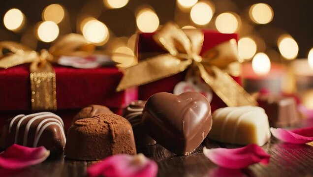 Romantic Valentines Day Chocolates and Gift with Bokeh Lights.