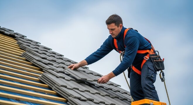 Focused roofer carefully installs new gray roof tiles on a residential home, wearing a vital safety harness during crucial construction work