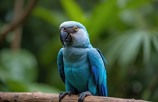 Bright blue Spix macaw bird perches on wooden branch. Exotic parrot with yellow eye and grey face looks attentively. Lush green jungle foliage background.