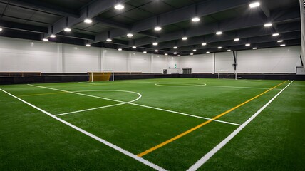 Indoor soccer field with artificial turf and bright stadium lighting
