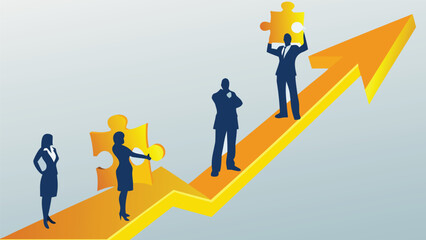 Diverse team of employees collaborating and connecting by holding puzzle pieces together symbolizing teamwork problem solving and unity in a business setting