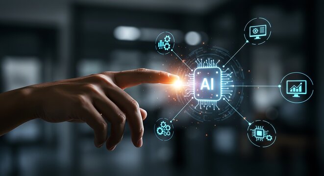 Hand touching a glowing ai chip with interconnected icons representing technology and data flow