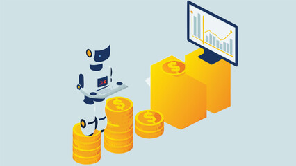 Futuristic robot financial advisor offering investment advice and guidance on a digital platform designed for financial technology marketing and business presentations