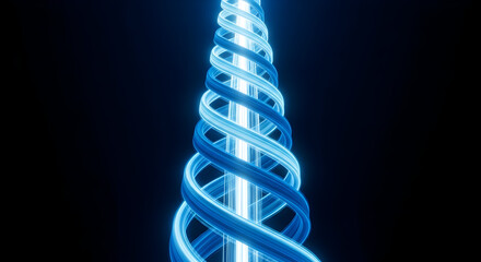 A futuristic glowing blue double helix of light energy twists around a central beam on a dark background.