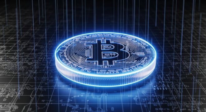 Digital bitcoin cryptocurrency glows against electronic circuit board representing future of decentralized finance - Powered by Adobe