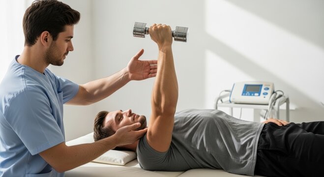 Physiotherapist meticulously guides a patient performing dumbbell arm exercise, fostering strength and rehabilitation for a speedy recovery in a bright medical clinic
