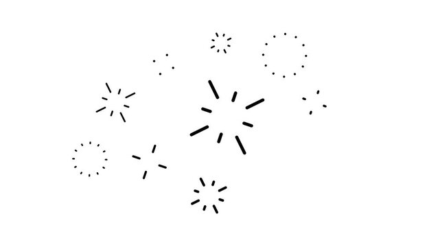 Black Line Art Fireworks Burst and Dots on White Background Keywords: fireworks, celebration, burst, explosion, spark, starburst, abstract, graphic, design, element, simple, minimalist, black and