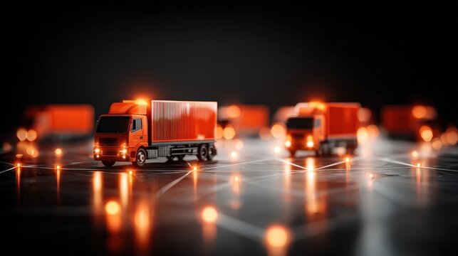 Miniature cargo trucks illustrate concepts of global logistics and digital routing in the dark