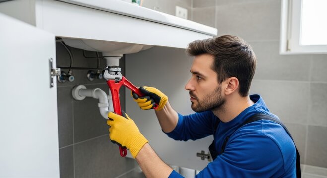 Professional plumber skillfully repairs bathroom sink pipes, wearing a blue uniform and yellow gloves, ensuring reliable home maintenance service